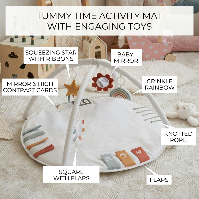 Beautiful Baby Play Gym & Tummy Time Mat - Soft Cotton Mat with 4 Cute Toys & Cards - Perfect Activity Area for Your Girl/Boy - Stylish Infant Floor Playmat