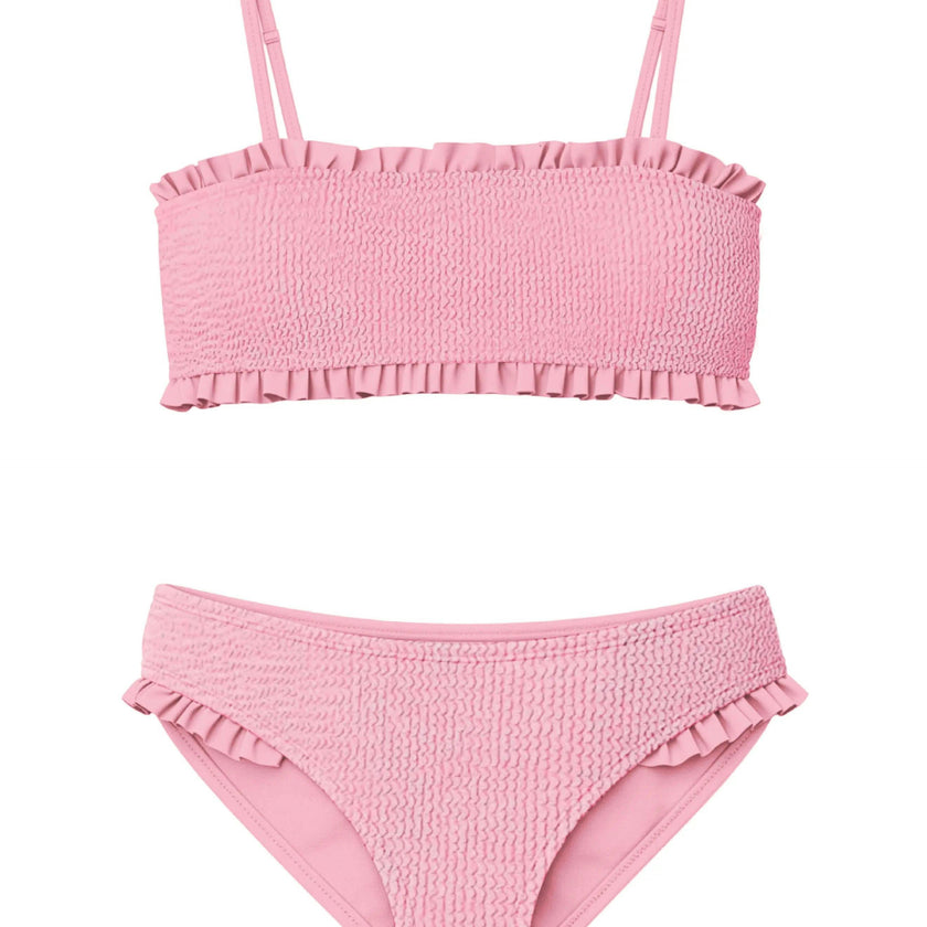 June Crinkle Ruffle Bandeau Two Piece Swimsuit - Candy Pink