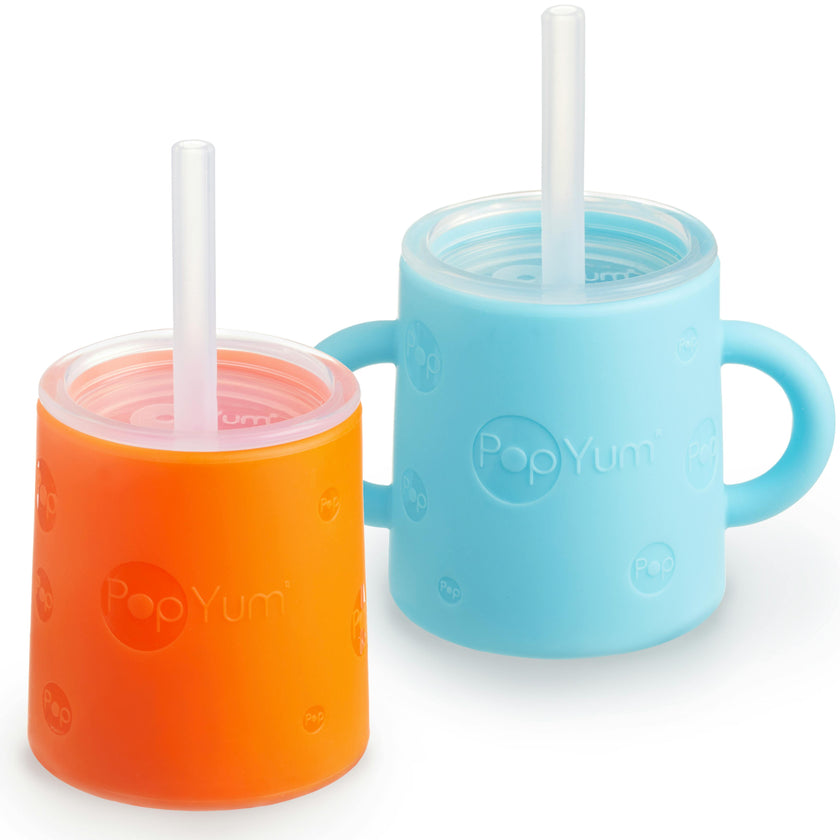 PopYum Silicone Training Cup with Straw + Lid 2-Pack for Baby, Infant and Toddler, Tumbler, Sippy, handles, 5 ounce (blue, orange)