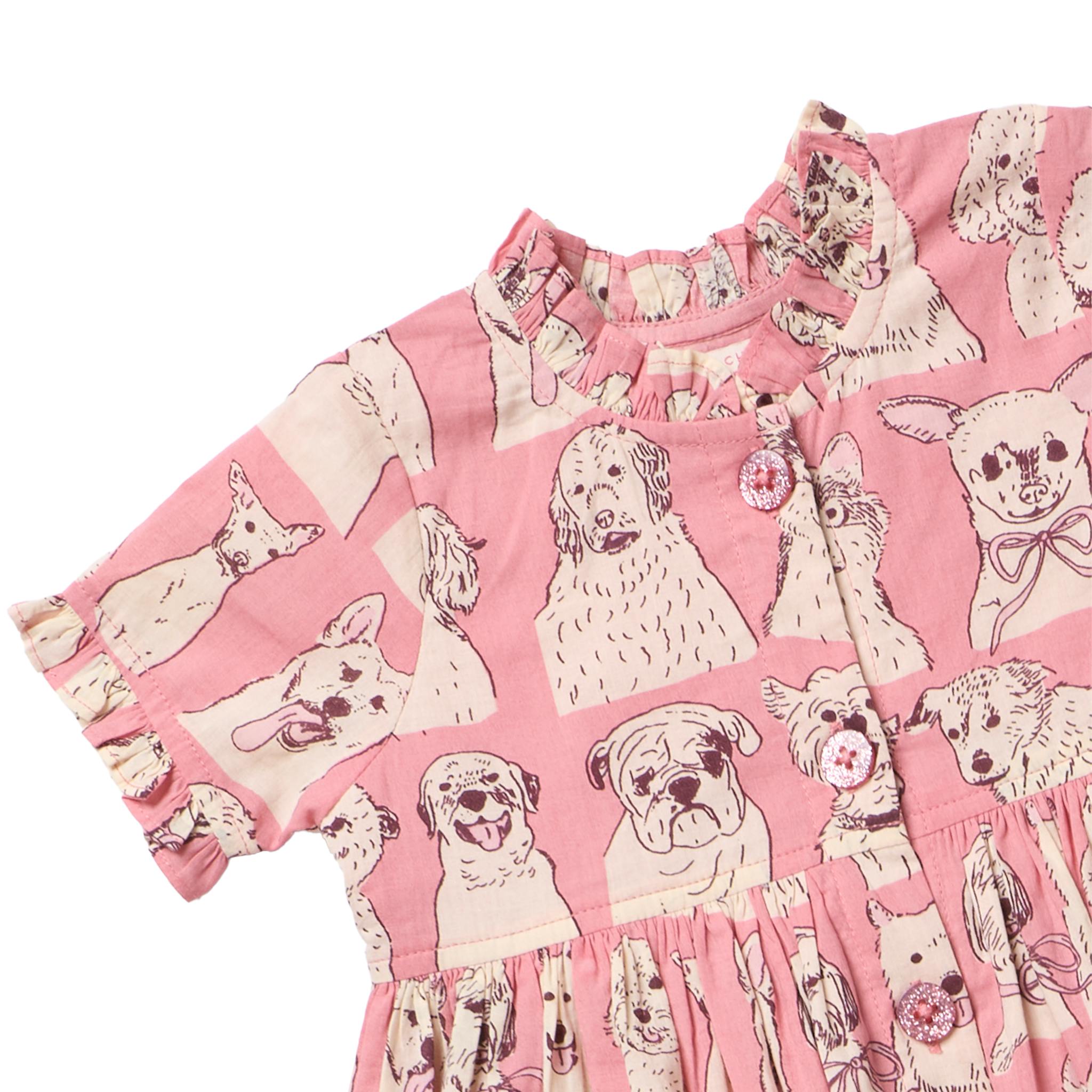 Baby Girls Autumn Dress Set - Pink Sketched Dogs