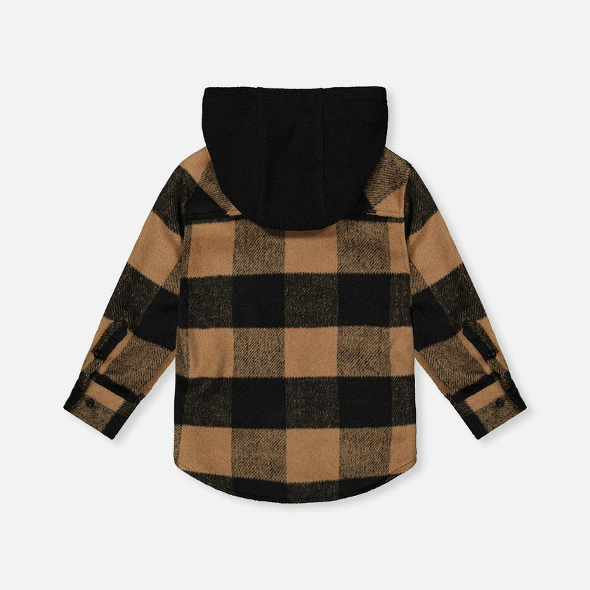 Flannel Shirt with Fleece Hood Brown and Black Plaid