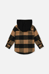 Flannel Shirt with Fleece Hood Brown and Black Plaid