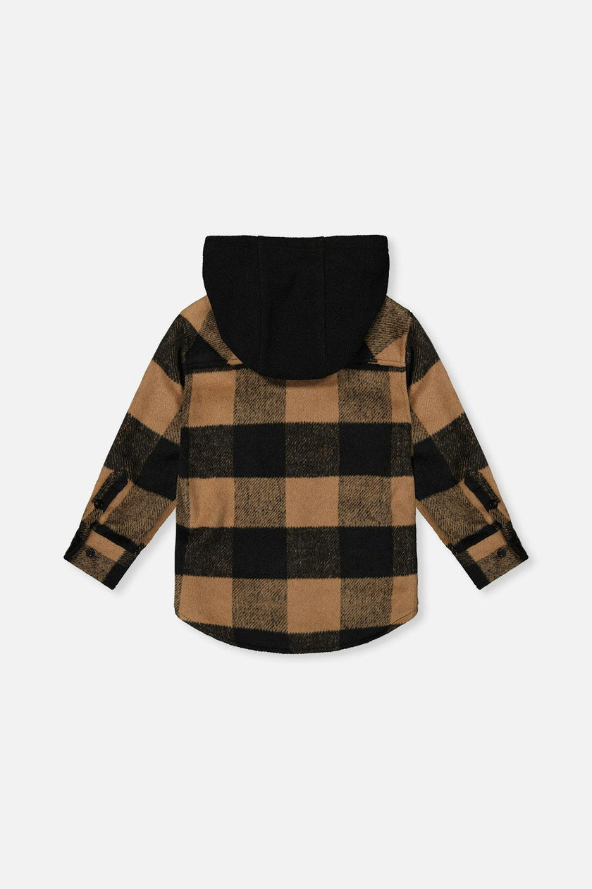 Flannel Shirt with Fleece Hood Brown and Black Plaid