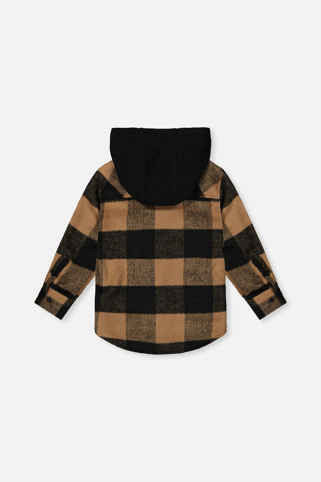 Flannel Shirt with Fleece Hood Brown and Black Plaid