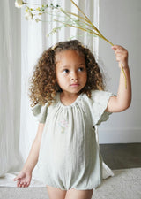 Liva | Muslin Cotton Ruffle Embroidered Romper | Sage