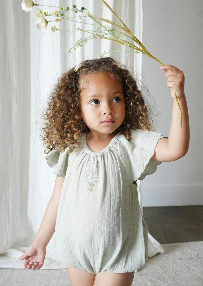 Liva | Muslin Cotton Ruffle Embroidered Romper | Sage