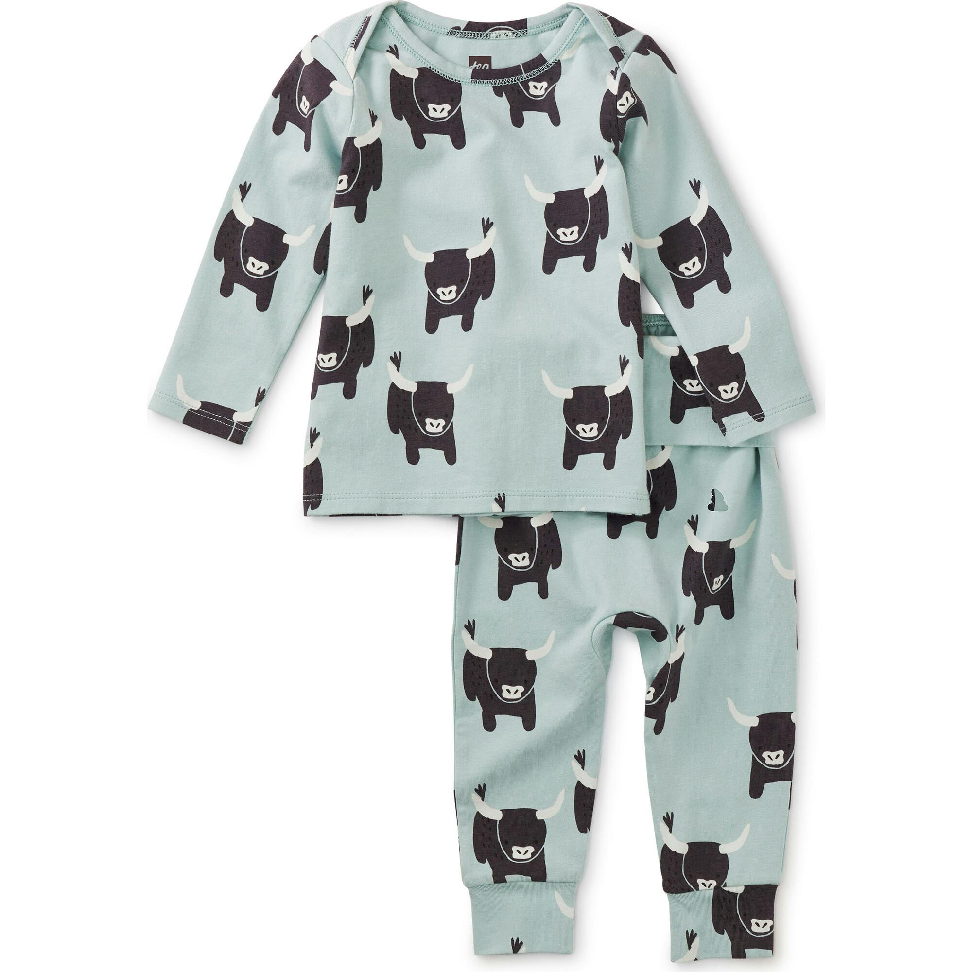 Printed Lap Shoulder Long Sleeve Top Set, Blue