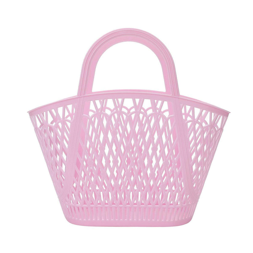 Packed Party Petal Party Pink Silicone Woven Basket with 6 Floral Twisty Charms - Lightweight Open Weave Carryall, 16x10.4 Inch with 15 Inch Handle