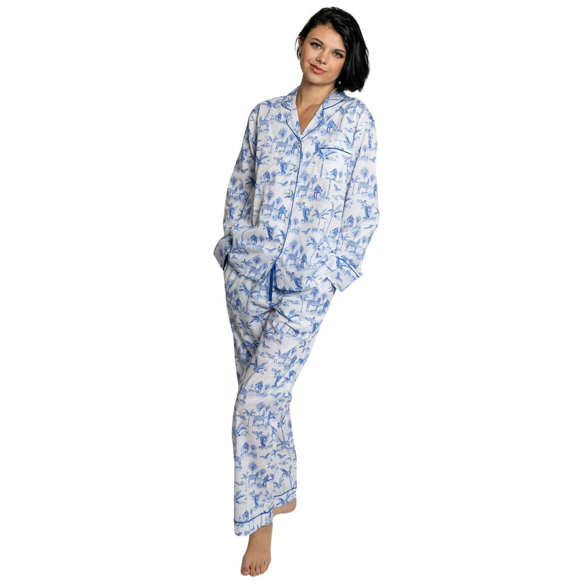 Women's Skydog Toile Blue Long PJ Set - Organic Cotton Poplin