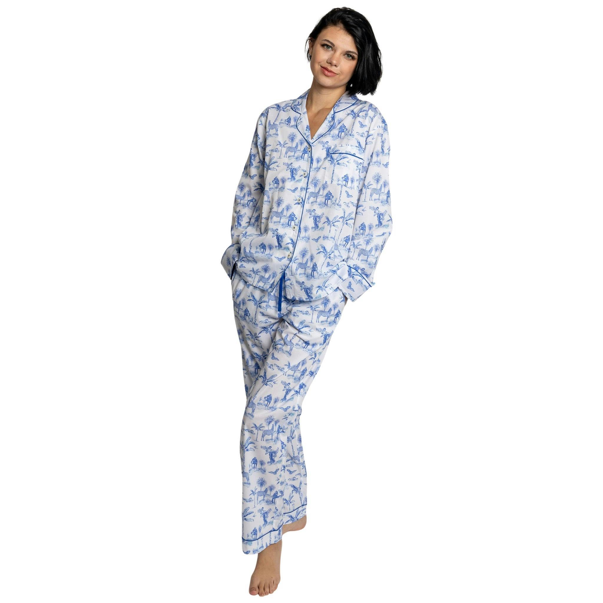 Women's Skydog Toile Blue Long PJ Set - Organic Cotton Poplin