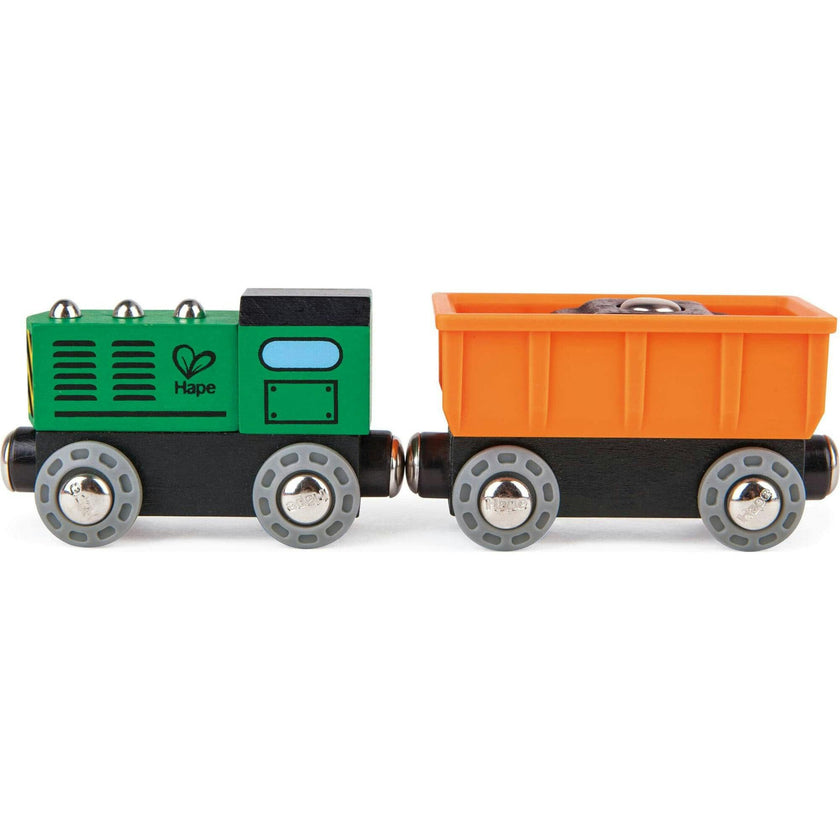 Hape: Diesel Freight Train- Green & Orange - 3pc Wooden Locomotive Toy