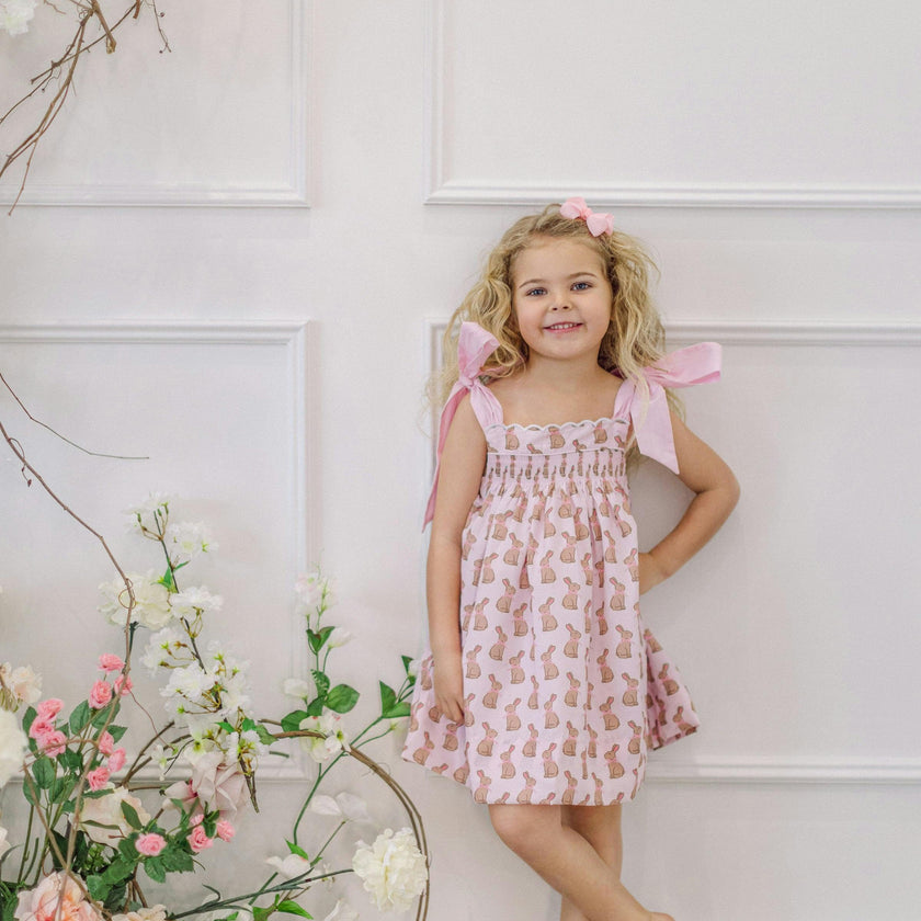 Pink Chocolate Bunny Smocked  Dress