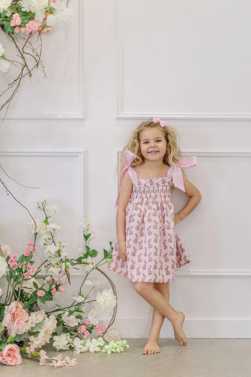 Pink Chocolate Bunny Smocked  Dress