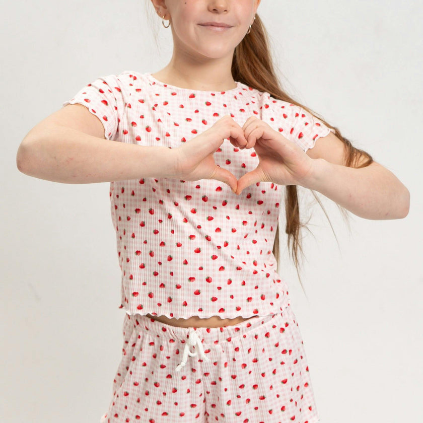 Girls Strawberry Print Short Sleeve Top and Shorts Set