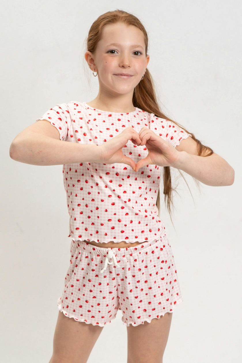 Girls Strawberry Print Short Sleeve Top and Shorts Set