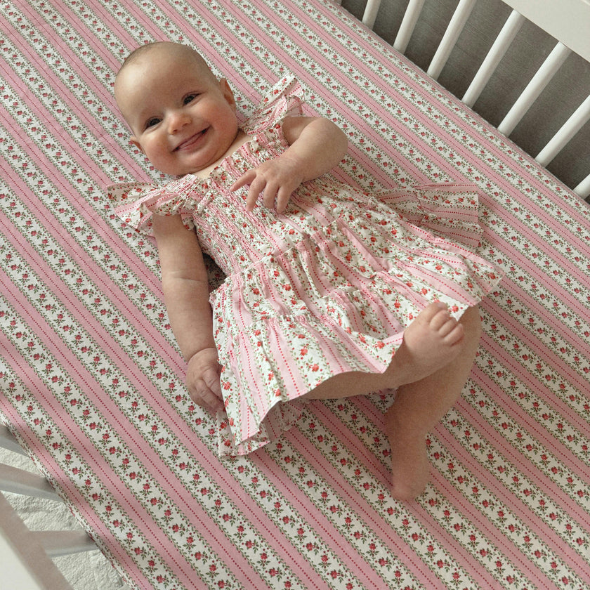 The Crib Sheet - Pink Floral Dot Stripe