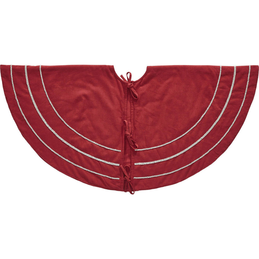 Handmade Concentric Nailhead Circles Red Linen Christmas Tree Skirt 60"