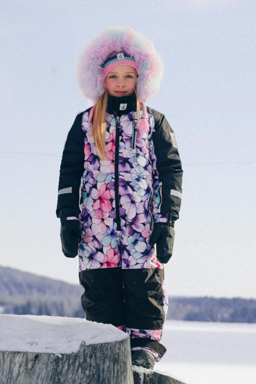 Kids One Piece Play Snowsuit Purple Floral Print