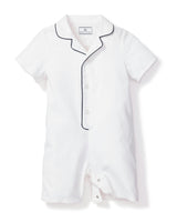 Baby's Twill Summer Romper in White with Navy Piping