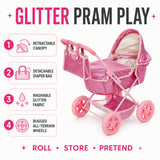 Olivia's Little World Baby Doll Glitter Pink Pram with Cover