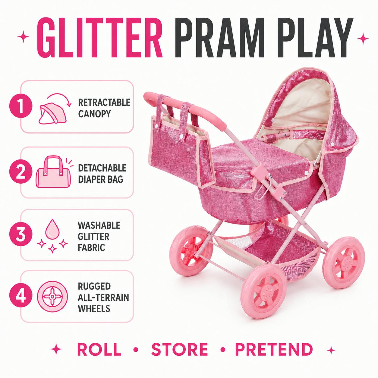 Olivia's Little World Baby Doll Glitter Pink Pram with Cover
