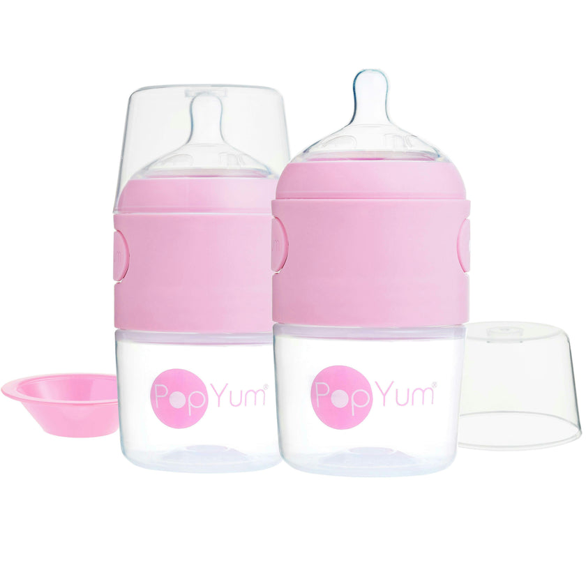 PopYum 5 oz Pink Anti-Colic Formula Making/Mixing/Dispenser Baby Bottles, 2-Pack with #1 Slow Flow Nipples