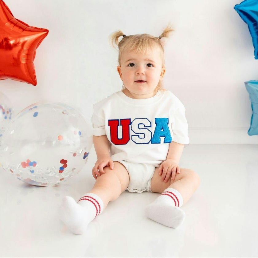 USA Multi Patch Short Sleeve Romper - White