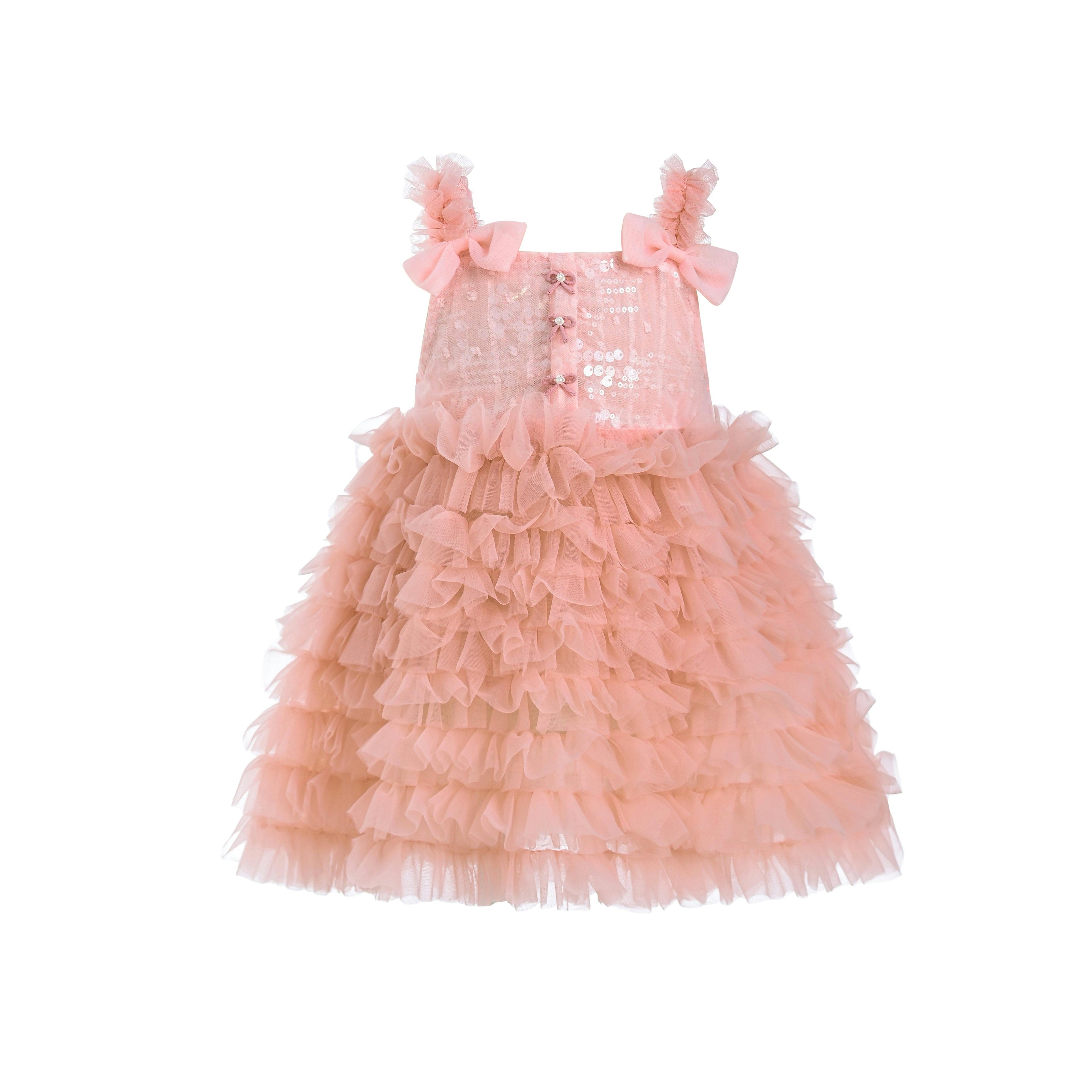 Pink Bow Tiered Tulle Dress