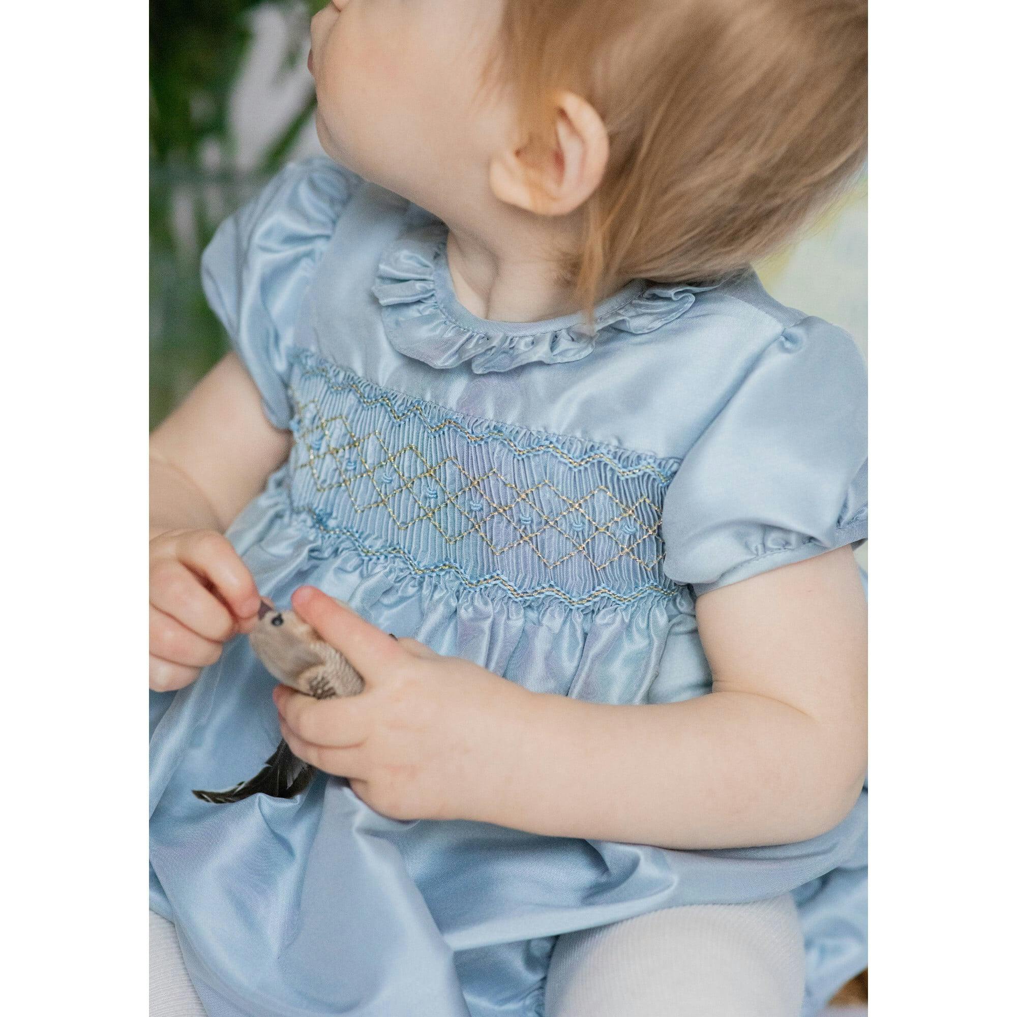 Astrid Blue Silk Smocked Baby Bubble