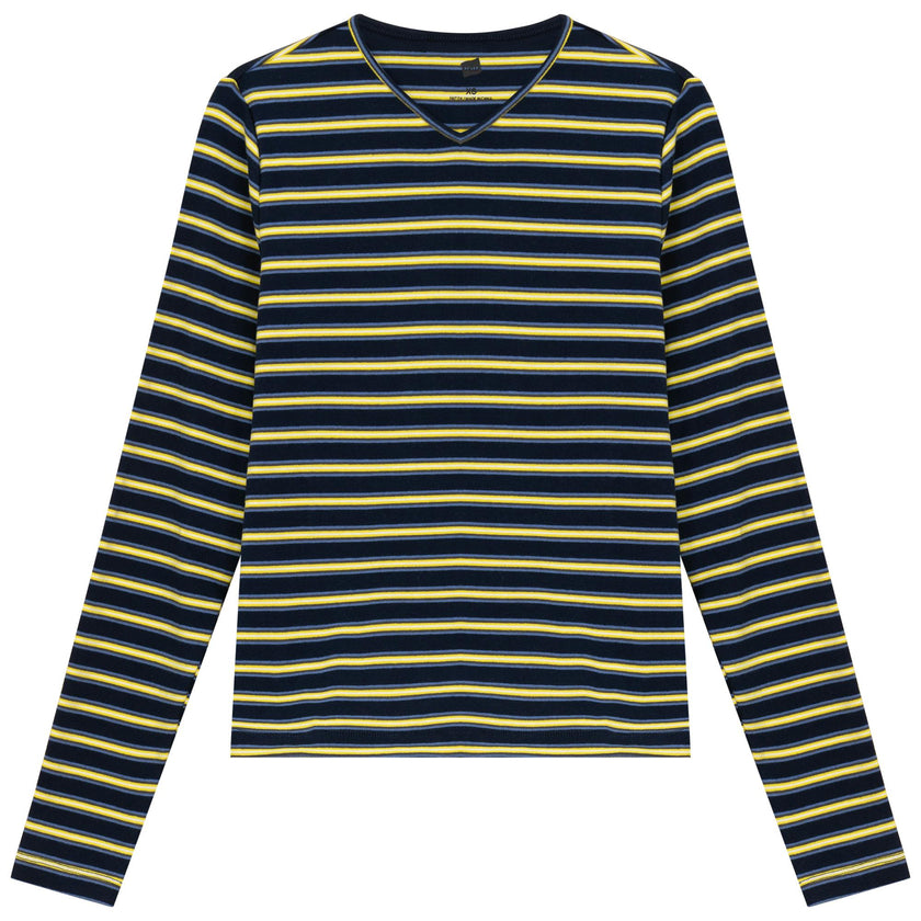 Ribbed Striped V Neck Tee With Bungee Rope