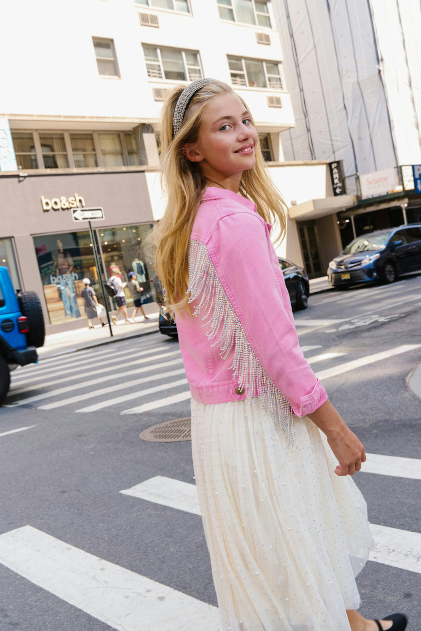 Pink Crystal Tassel Denim Jacket