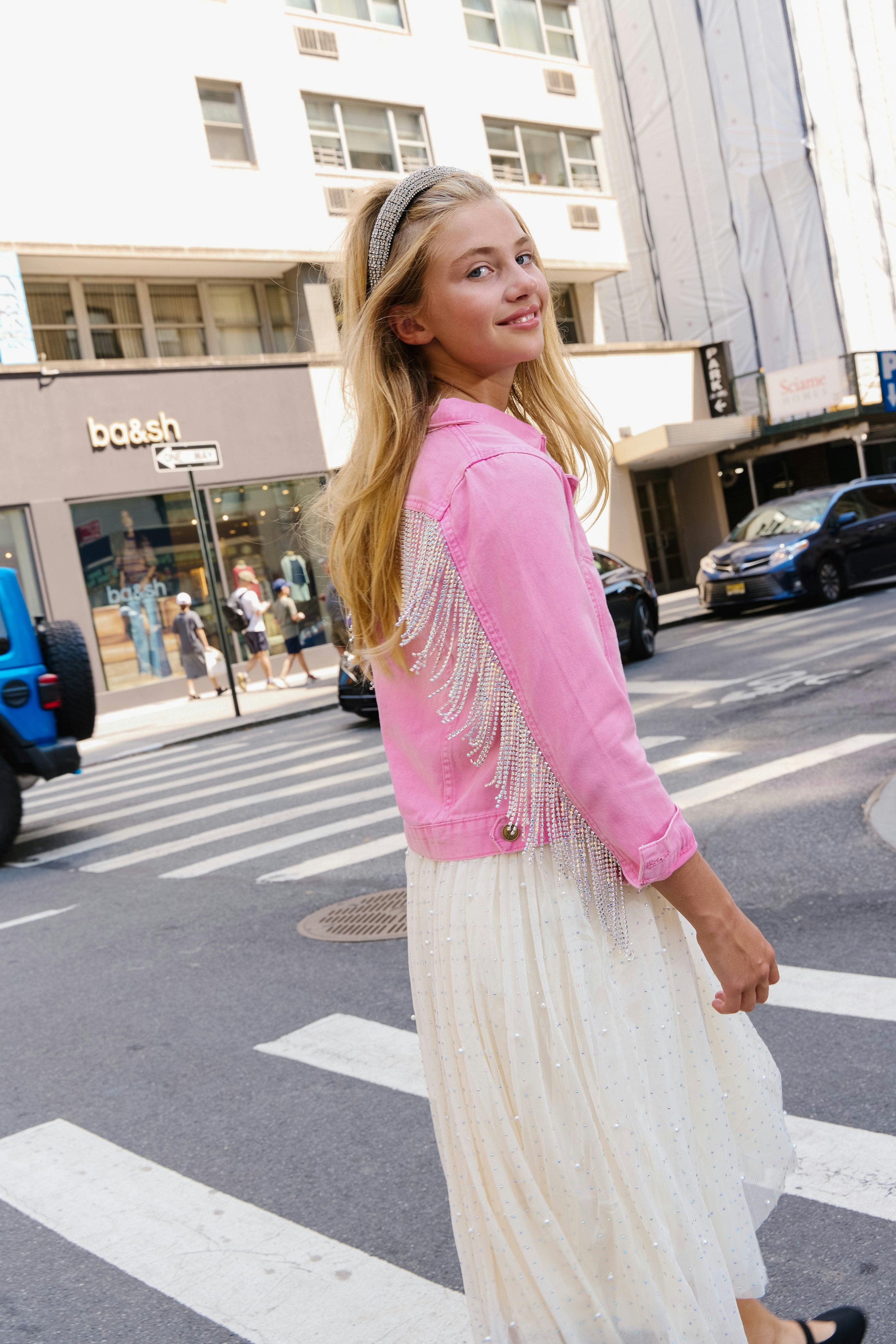 Pink Crystal Tassel Denim Jacket