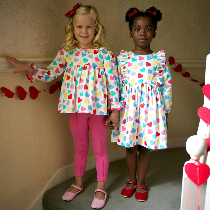 Confetti Heart Print Frill Shoulder Long Sleeve Dress
