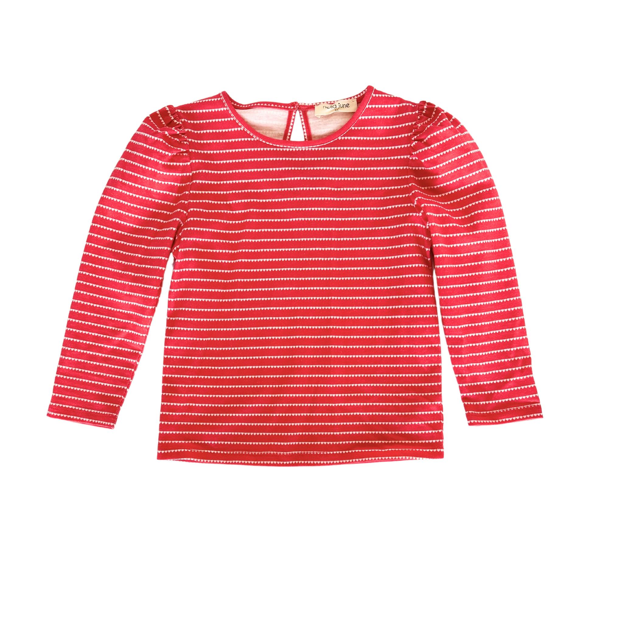 Long Sleeve Puff Sleeve Tee in Red & White Heart Stripe