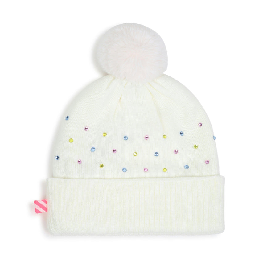 Ivory Rhinestone Pom Pom Beanie