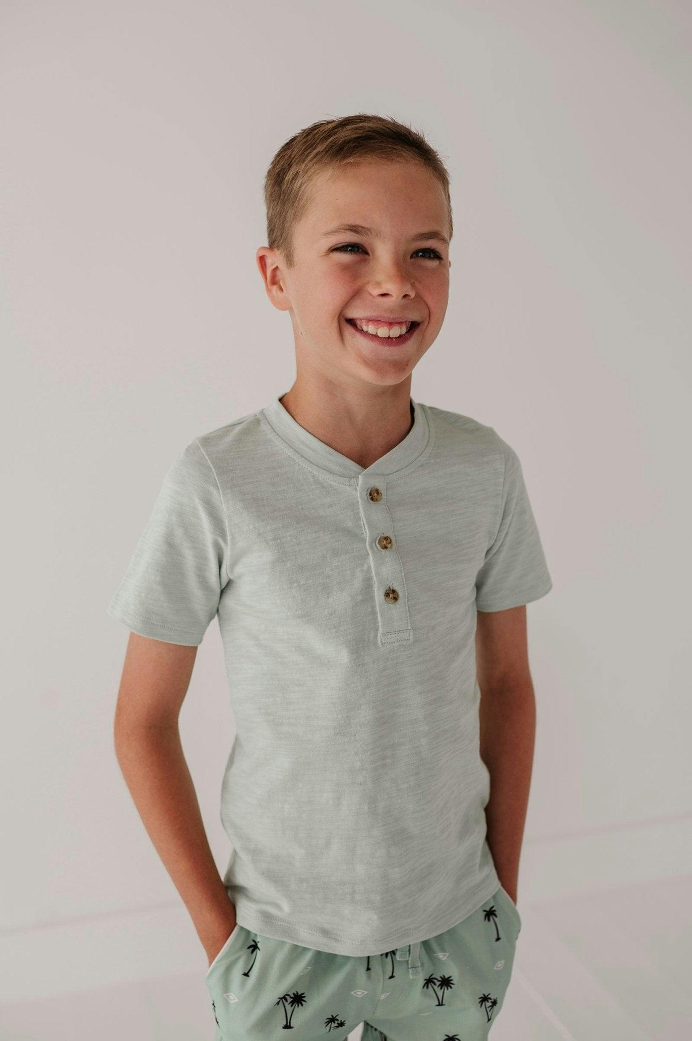 Boys Short Sleeve Henley Shirt in Aqua Island