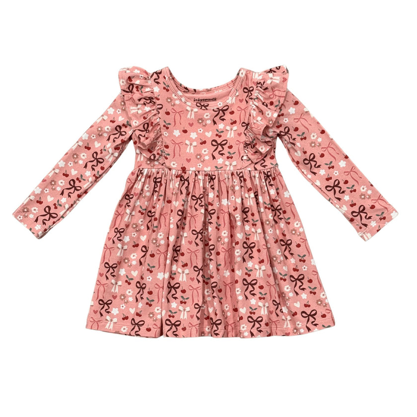 Girls Long Sleeve Ruffle Dress in Cherry Hearts