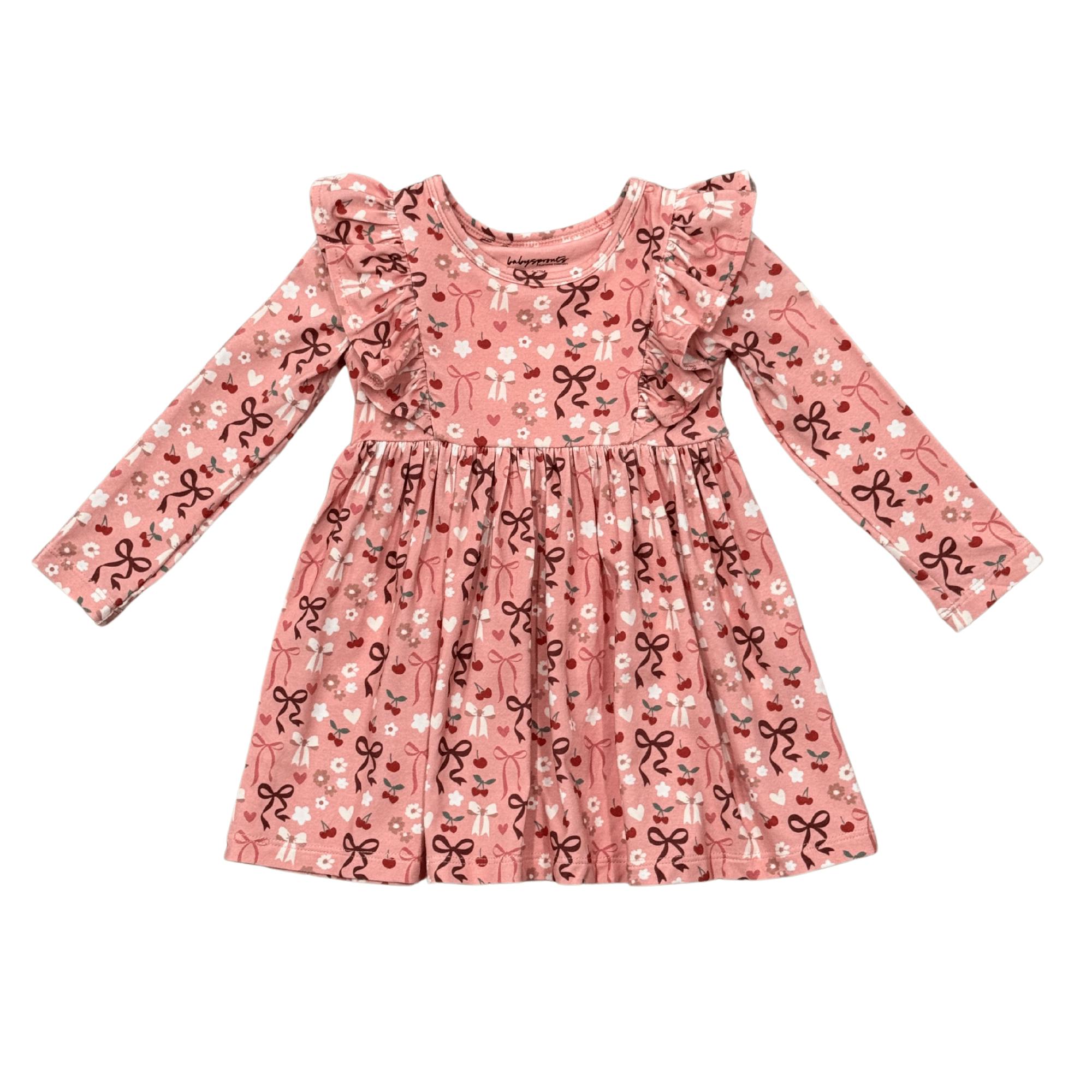 Girls Long Sleeve Ruffle Dress in Cherry Hearts