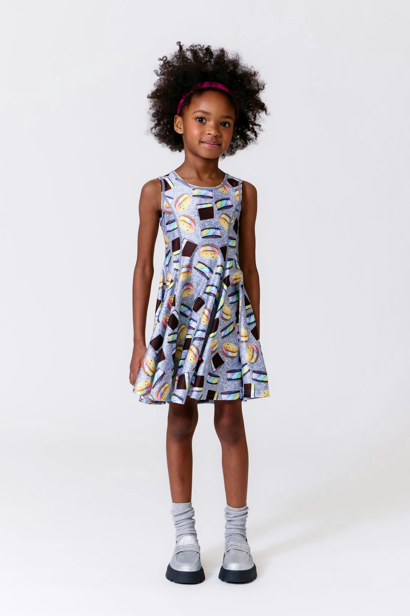Girls Hi-Shine Skater Dress in Rainbow Ice Cream Saucers
