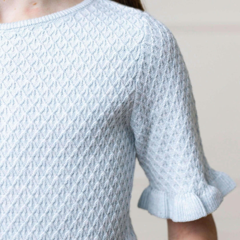 Organic Short Sleeve Ruffle Edge Sweater Knit Top, Blue
