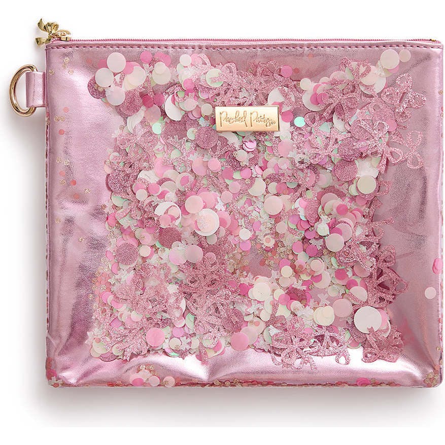 Packed Party Back to Fun Pink Bow Confetti Everything Pouch – Metallic Leatherette with Confetti-Trapped Vinyl Front, Spot Clean, 8.75x7.65 Inch