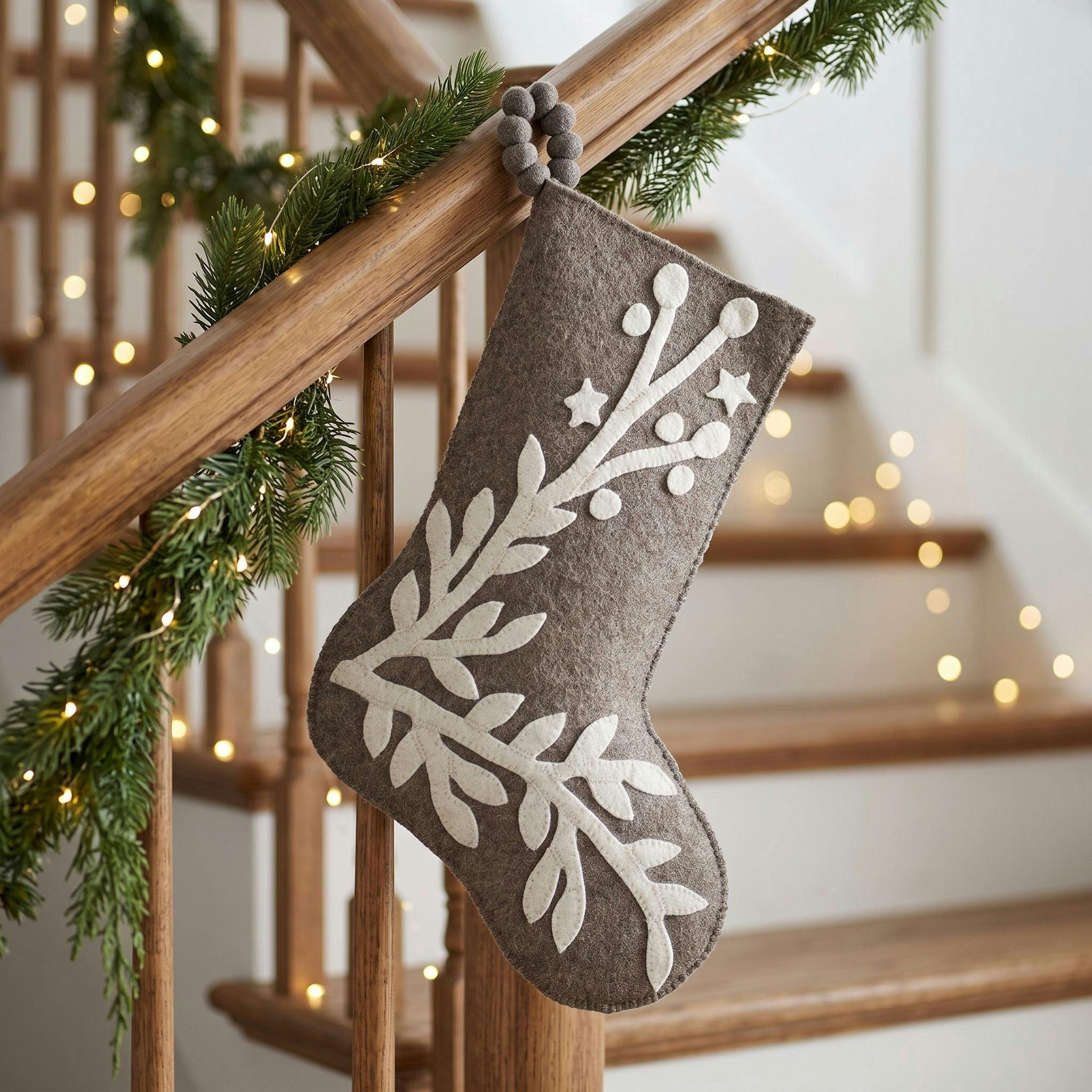 Hand Felted Wool Christmas Stocking, Stars and Branch Gray