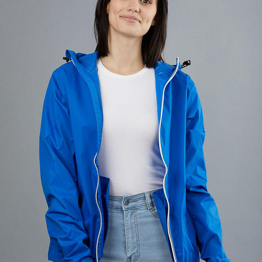 Women's royal blue full zip packable rain jacket and windbreaker