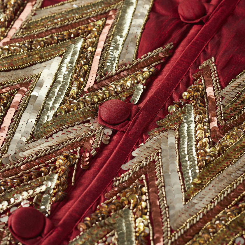 Hand Beaded Metallic Starburst Garnet Red Christmas Tree Skirt 60"