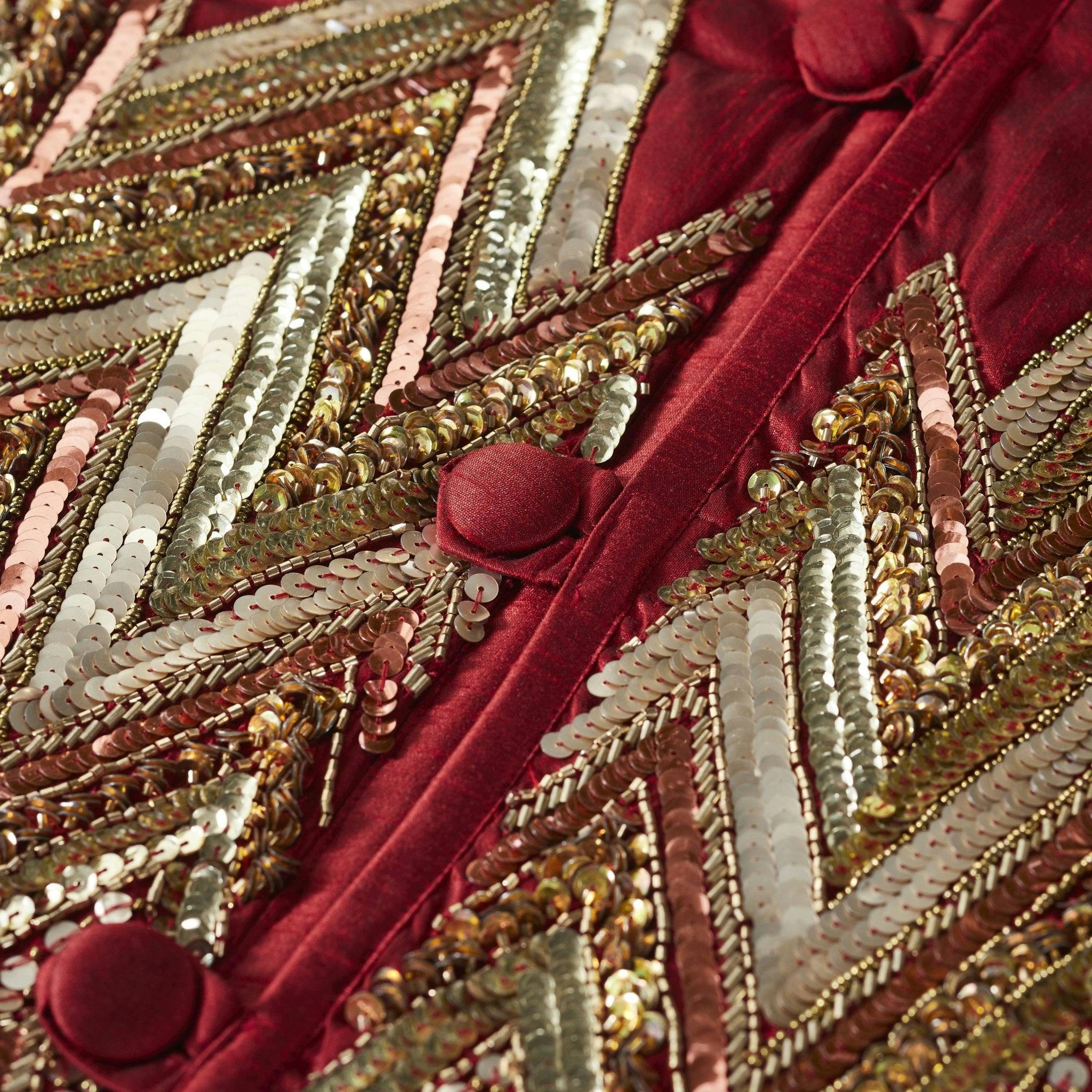 Handmade Christmas Tree Skirt - Hand Beaded Metallic Starburst on Garnet Red- 60