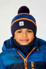 Winter Knit Hat with Pompom Color Block Orange and Blue