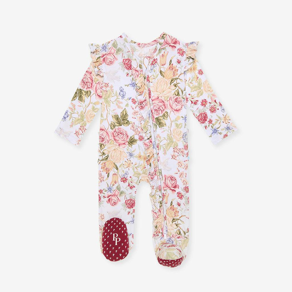 Kristiana Picot Footie Ruffled Zippered One Piece