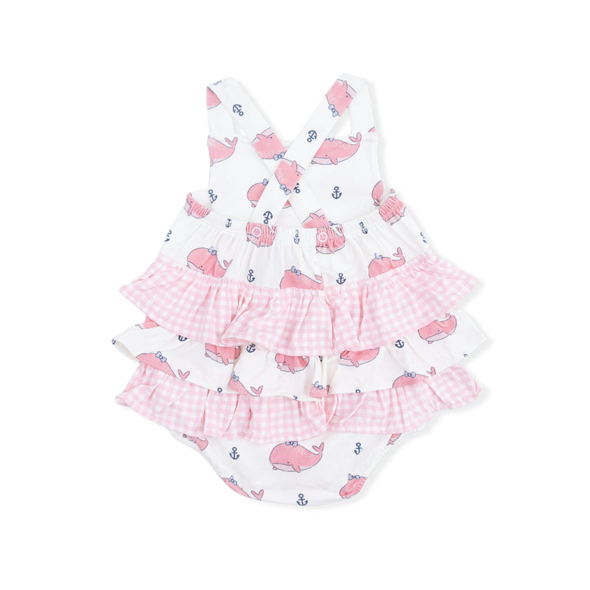 Bubbly Whale with Bow  Pink - Ruffle Sunsuit