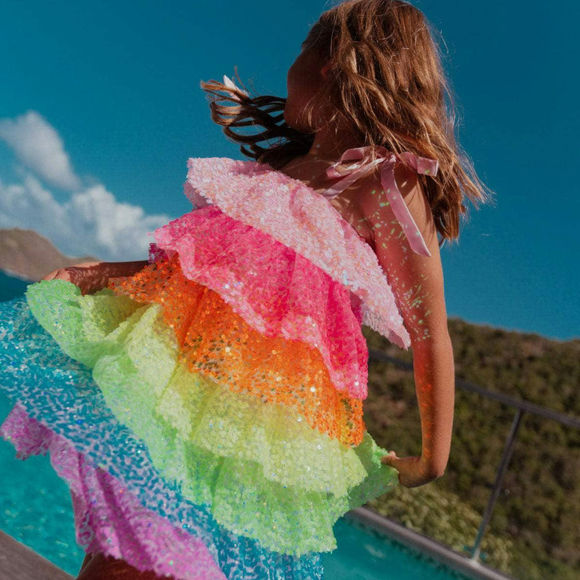 Neon Sequin Ruffle Dress With Tie Shoulders
