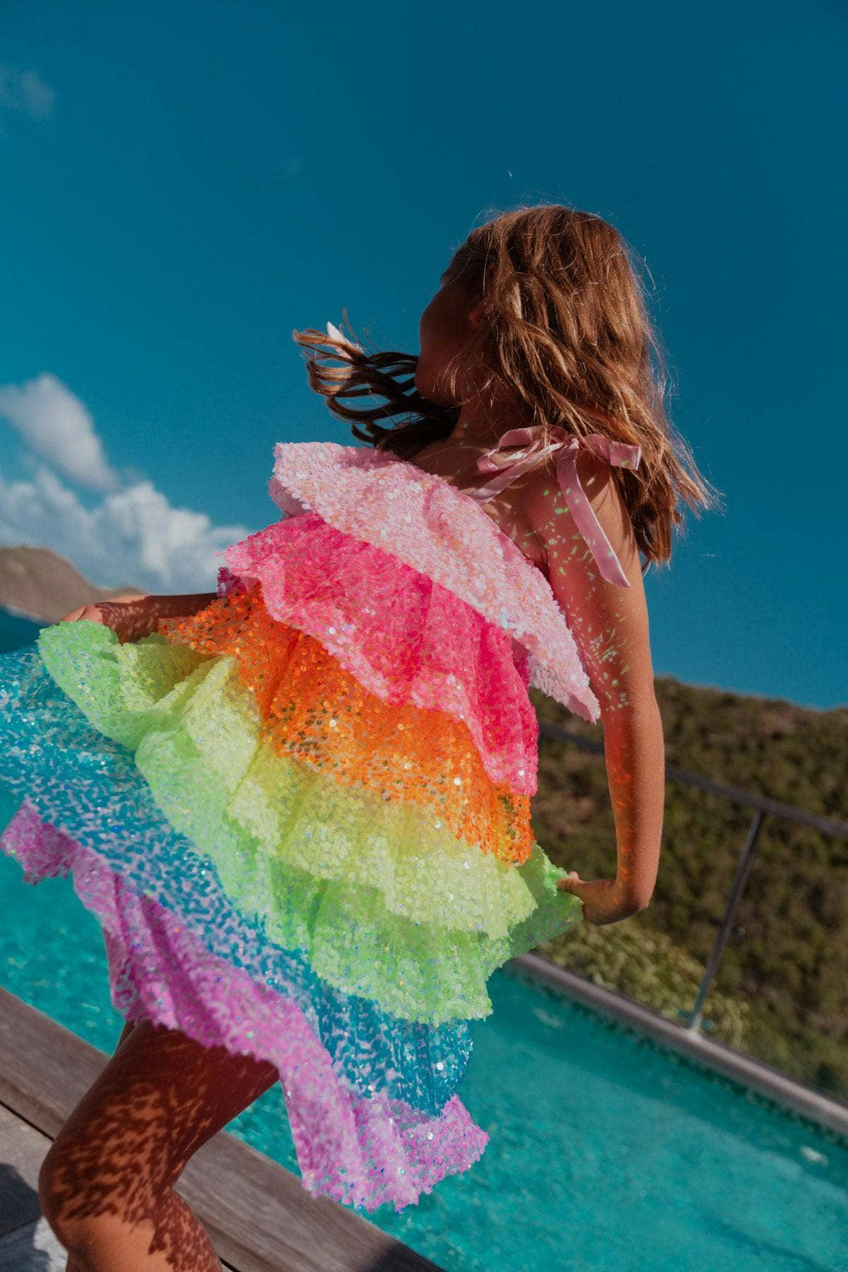 Neon Sequin Ruffle Dress With Tie Shoulders